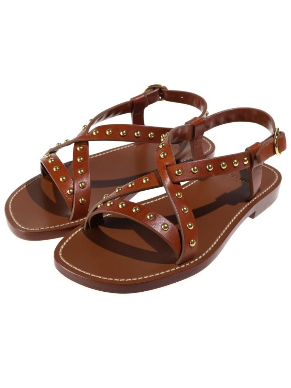 Celine Studded Leather Sandals Shoes Gold Brown
